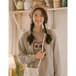 Owl-embroidered Distressed Sweatshirt