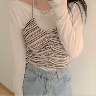 Long-sleeve T-shirt / Spaghetti Strap Printed Top As Shown In Figure - One Size