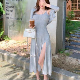 Set: Spaghetti Strap Slit Midi A-line Dress + Hooded Cardigan