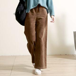Drawstring Wide-leg Corduroy Pants Black - One Size