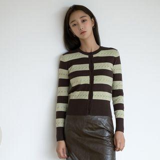 Round-neck Stripe Cable-knit Cardigan