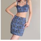 Set: Plaid Crop Camisole Top + Mini A-line Skirt