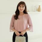 Pleated-sleeve Bell-cuff Blouse