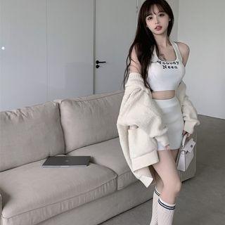 Embroider Letter Tank Top / High-waist Plain Mini Skirt