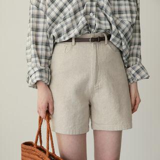 Flat-front Linen Blend Shorts With Belt
