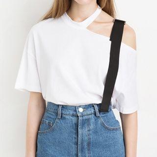 Strap Cutout Shoulder Elbow Sleeve T-shirt