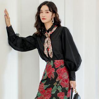 Mesh Overlay Lantern-sleeve Blouse