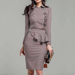 Set: Plaid Double-breasted Cropped Jacket + Plaid Pencil Skirt