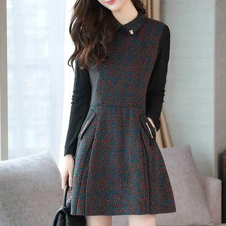 Long-sleeve Collared Herringbone A-line Dress
