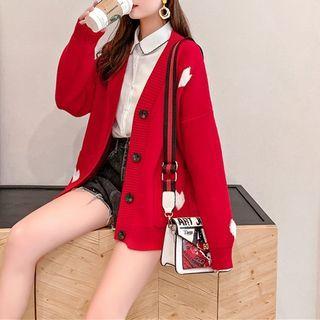 Heart Print Knit V-neck Cardigan