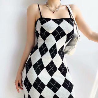 Spaghetti Strap Argyle Print Knit Dress