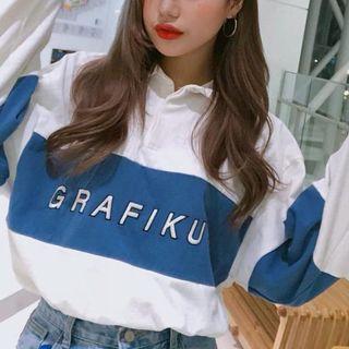Lettering Collared Sweatshirt Blue & White - One Size