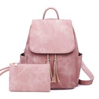 Set: Tasseled Faux Leather Backpack + Wristlet