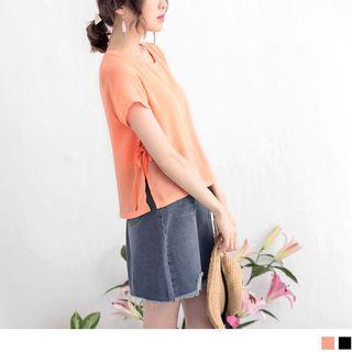 Short Sleeve Round Neck Tie-side Layered Chiffon Top