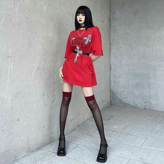 Elbow-sleeve Lettering T-shirt / Belt / Set