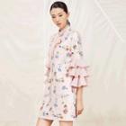 Print Tiered 3/4-sleeve Dress