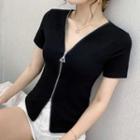 Short-sleeve V-neck Zip Top