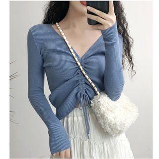 V-neck Drawstring Cropped Knit Top