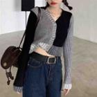 Contrast Color Cropped Knit Cardigan Gray - One Size