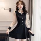 Long-sleeve Mesh Dotted Panel A-line Dress