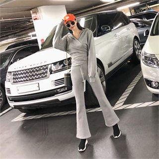 Set: Wrap-front Hooded Pullover + Band-waist Boot-cut Pants