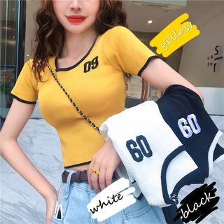 Contrast Trim Embroidered Short-sleeve Cropped Top