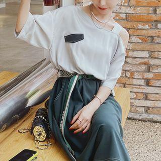 Mock Two-piece Short-sleeve Cold Shoulder Midi A-line Dress
