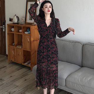 Long-sleeve Rose Print Midi Dress As Shown In Figure - One Size