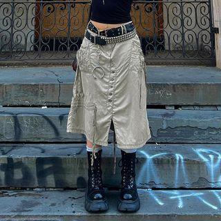 Drawstring Cargo Midi A-line Skirt