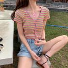 Short-sleeve Rainbow Stripe Knit Top As Shown In Figure - One Size