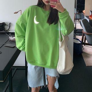 Long-sleeve Reflective Moon Printed Sweater Green - One Size