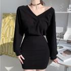 Long-sleeve V-neck Plain Mini Sweatshirt Dress
