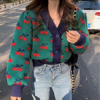 Cherry Jacquard V-neck Knit Cardigan