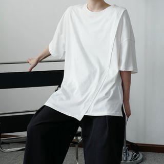 Short-sleeve Plain Asymmetrical Hem T-shirt