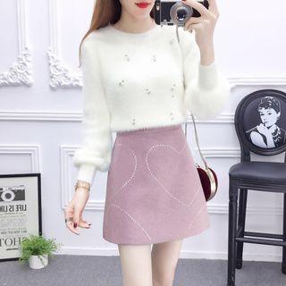 Set: Beaded Knit Top + A-line Skirt