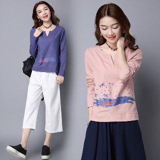 Long-sleeve Notched-neck Printed Top