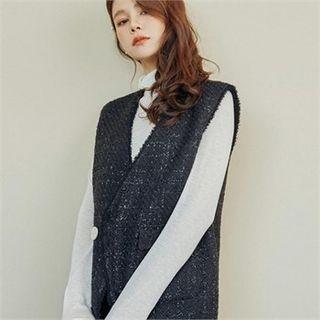 Asymmetric-hem Tweed Vest Black - One Size