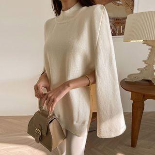 Mock-neck Deep-slit Knit Poncho