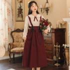 Set: Long-sleeve Collared Blouse + Lace-up Midi A-line Suspender Skirt