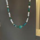 Beaded Necklace Green & White - One Size