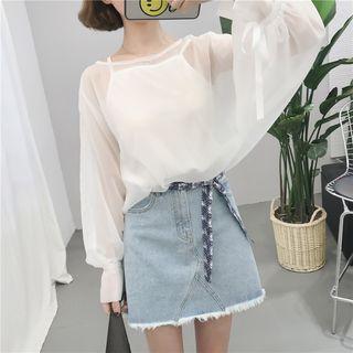 Set: Mesh Puff-sleeve Loose-fit Top + Camisole Top