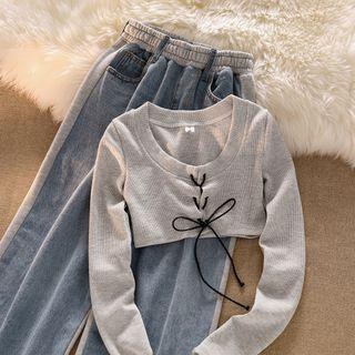 Long-sleeve Lace-up Crop Top / Denim Panel Wide Leg Pants