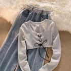 Long-sleeve Lace-up Crop Top / Denim Panel Wide Leg Pants