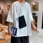 Patched Elbow-sleeve Oversized Tee