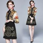3/4-sleeve Printed Mini A-line Shirt Dress