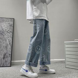 Smiley Face Print Straight-leg Jeans