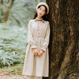 Corduroy Long Sleeve Stand Collar Tie-neck Dress