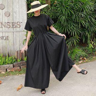 Short-sleeve Drawstring Wide-leg Jumpsuit