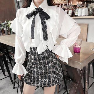 Ruffle Tie Neck Shirt / Plaid A-line Skirt / Set