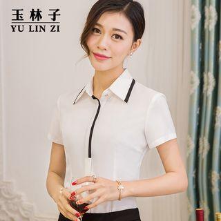 Contrast Trim Short-sleeve Dress Shirt / Mini Skirt